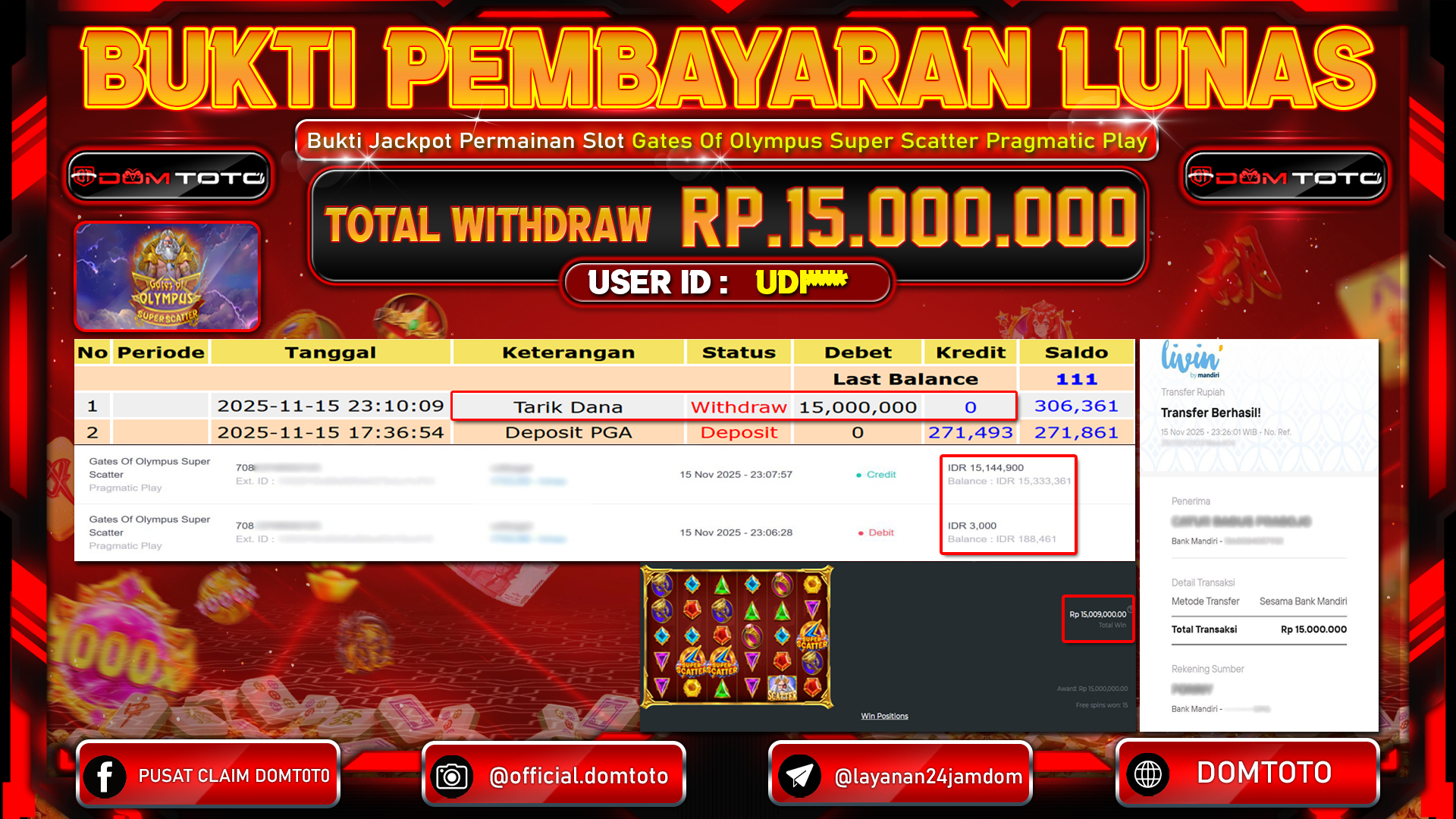 JACKPOT SLOT Gates Of Olympus Super Scatter Pragmatic Play 15 NOVEMBER 2025